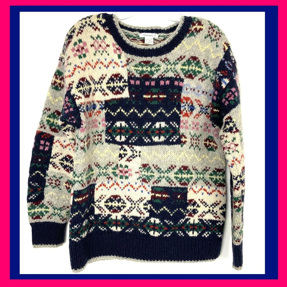 Vintage Susann D Fair Isle Wool Knit Winter Sweater Sz M - Picture 1 of 16